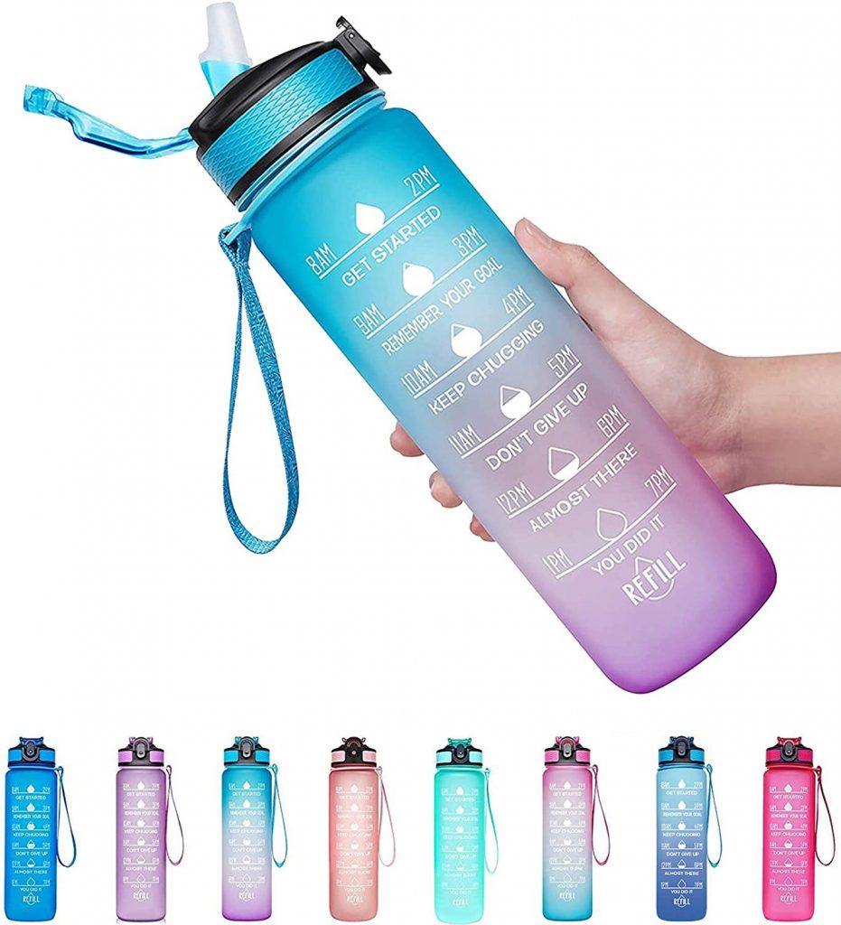 Water Bottle with Time Marker -Large 32Oz BPA Free Water Bottle & No Sweat  Sleev